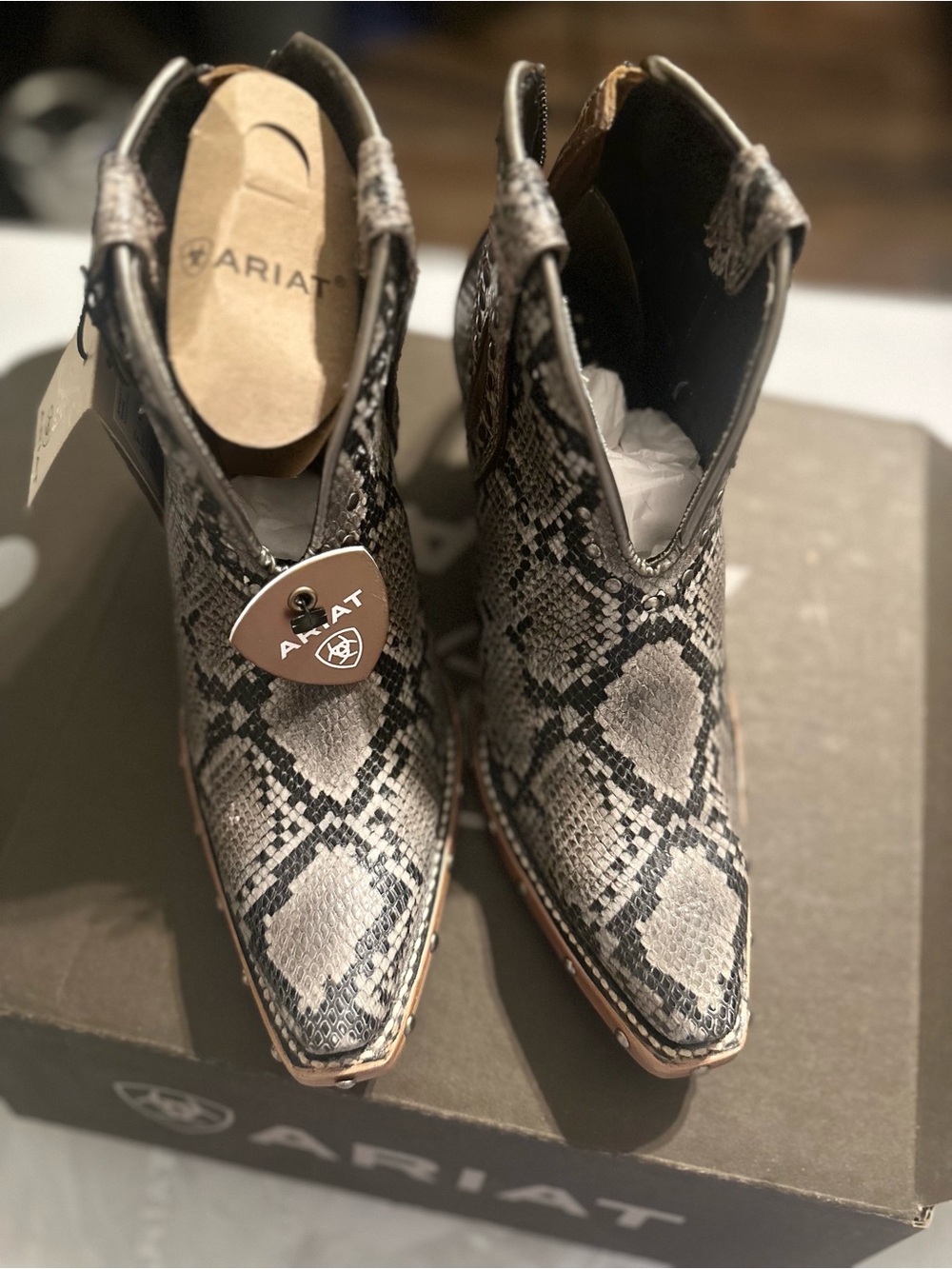 Ariat Snake-Print Pointed Ankle Booties in Gray and Black